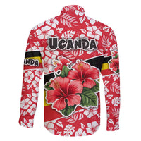 Uganda Family Matching Off The Shoulder Long Sleeve Dress and Hawaiian Shirt with Red Hibiscus Flowers and National Flag Design