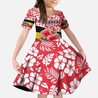 Uganda Family Matching Off Shoulder Maxi Dress and Hawaiian Shirt with Red Hibiscus Flowers and National Flag Design