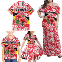 Uganda Family Matching Off Shoulder Maxi Dress and Hawaiian Shirt with Red Hibiscus Flowers and National Flag Design