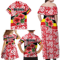 Uganda Family Matching Off Shoulder Maxi Dress and Hawaiian Shirt with Red Hibiscus Flowers and National Flag Design