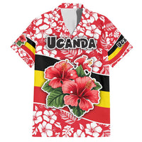 Uganda Family Matching Off Shoulder Short Dress and Hawaiian Shirt with Red Hibiscus Flowers and National Flag Design