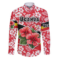 Uganda Family Matching Off Shoulder Short Dress and Hawaiian Shirt with Red Hibiscus Flowers and National Flag Design
