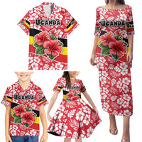 Uganda Family Matching Puletasi and Hawaiian Shirt with Red Hibiscus Flowers and National Flag Design