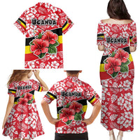 Uganda Family Matching Puletasi and Hawaiian Shirt with Red Hibiscus Flowers and National Flag Design