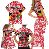 Uganda Family Matching Short Sleeve Bodycon Dress and Hawaiian Shirt with Red Hibiscus Flowers and National Flag Design