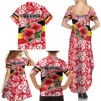 Uganda Family Matching Summer Maxi Dress and Hawaiian Shirt with Red Hibiscus Flowers and National Flag Design
