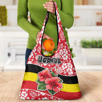Uganda Grocery Bag with Red Hibiscus Flowers and National Flag Design
