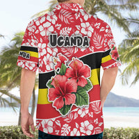Uganda Hawaiian Shirt with Red Hibiscus Flowers and National Flag Design