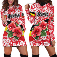 Uganda Hoodie Dress with Red Hibiscus Flowers and National Flag Design
