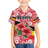Uganda Kid Hawaiian Shirt with Red Hibiscus Flowers and National Flag Design