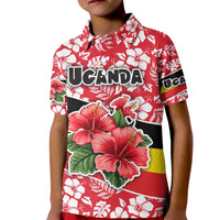Uganda Kid Polo Shirt with Red Hibiscus Flowers and National Flag Design