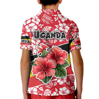 Uganda Kid Polo Shirt with Red Hibiscus Flowers and National Flag Design