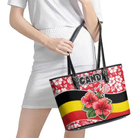 Uganda Leather Tote Bag with Red Hibiscus Flowers and National Flag Design