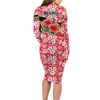 Uganda Long Sleeve Bodycon Dress with Red Hibiscus Flowers and National Flag Design