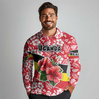 Uganda Long Sleeve Polo Shirt with Red Hibiscus Flowers and National Flag Design
