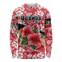 Uganda Long Sleeve Shirt with Red Hibiscus Flowers and National Flag Design