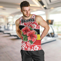 Uganda Men Tank Top with Red Hibiscus Flowers and National Flag Design