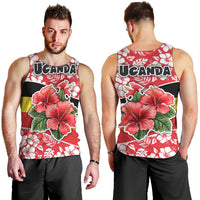 Uganda Men Tank Top with Red Hibiscus Flowers and National Flag Design