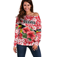 Uganda Off Shoulder Sweater with Red Hibiscus Flowers and National Flag Design