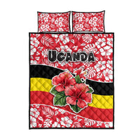 Uganda Quilt Bed Set with Red Hibiscus Flowers and National Flag Design