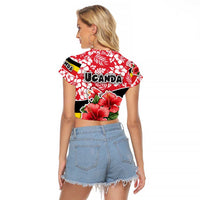 Uganda Raglan Cropped T Shirt with Red Hibiscus Flowers and National Flag Design
