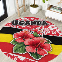 Uganda Round Carpet with Red Hibiscus Flowers and National Flag Design