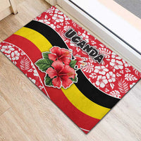 Uganda Rubber Doormat with Red Hibiscus Flowers and National Flag Design
