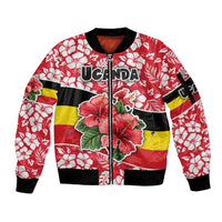 Uganda Sleeve Zip Bomber Jacket with Red Hibiscus Flowers and National Flag Design