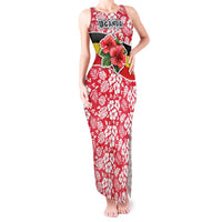 Uganda Tank Maxi Dress with Red Hibiscus Flowers and National Flag Design