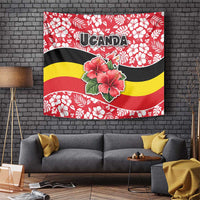 Uganda Tapestry with Red Hibiscus Flowers and National Flag Design