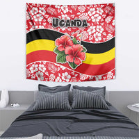 Uganda Tapestry with Red Hibiscus Flowers and National Flag Design