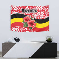 Uganda Tapestry with Red Hibiscus Flowers and National Flag Design