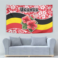 Uganda Tapestry with Red Hibiscus Flowers and National Flag Design