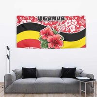 Uganda Tapestry with Red Hibiscus Flowers and National Flag Design