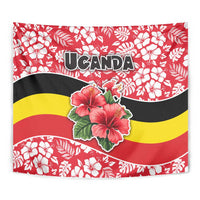 Uganda Tapestry with Red Hibiscus Flowers and National Flag Design