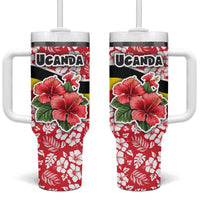 Uganda Tumbler With Handle with Red Hibiscus Flowers and National Flag Design