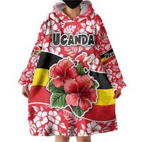 Uganda Wearable Blanket Hoodie with Red Hibiscus Flowers and National Flag Design
