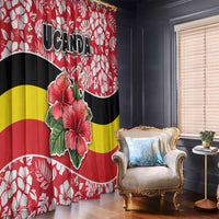 Uganda Window Curtain with Red Hibiscus Flowers and National Flag Design