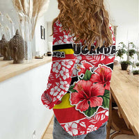 Uganda Women Casual Shirt with Red Hibiscus Flowers and National Flag Design