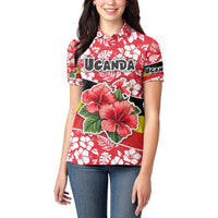 Uganda Women Polo Shirt with Red Hibiscus Flowers and National Flag Design
