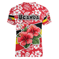 Uganda Women V-Neck T-Shirt with Red Hibiscus Flowers and National Flag Design