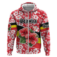 Uganda Zip Hoodie with Red Hibiscus Flowers and National Flag Design
