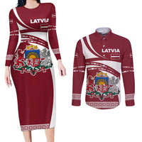 Latvia Couples Matching Long Sleeve Bodycon Dress and Long Sleeve Button Shirt with National Coat of Arms and Traditional Folk Patterns