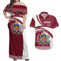 Latvia Couples Matching Off Shoulder Maxi Dress and Hawaiian Shirt with National Coat of Arms and Traditional Folk Patterns