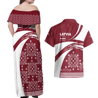 Latvia Couples Matching Off Shoulder Maxi Dress and Hawaiian Shirt with National Coat of Arms and Traditional Folk Patterns
