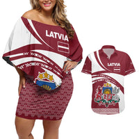 Latvia Couples Matching Off Shoulder Short Dress and Hawaiian Shirt with National Coat of Arms and Traditional Folk Patterns