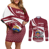 Latvia Couples Matching Off Shoulder Short Dress and Long Sleeve Button Shirt with National Coat of Arms and Traditional Folk Patterns