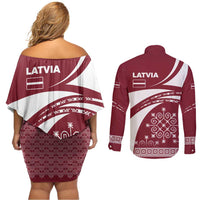 Latvia Couples Matching Off Shoulder Short Dress and Long Sleeve Button Shirt with National Coat of Arms and Traditional Folk Patterns
