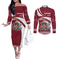 Latvia Couples Matching Off The Shoulder Long Sleeve Dress and Long Sleeve Button Shirt with National Coat of Arms and Traditional Folk Patterns