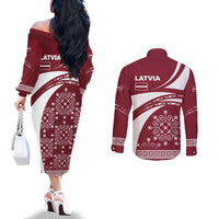 Latvia Couples Matching Off The Shoulder Long Sleeve Dress and Long Sleeve Button Shirt with National Coat of Arms and Traditional Folk Patterns